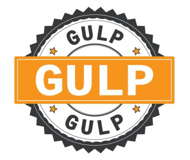 Gri ve turuncu yuvarlak damga, zig zag kenarlıklı metin yudum.