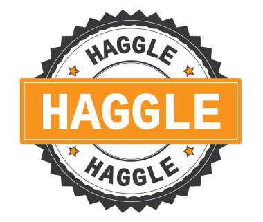 Gri ve turuncu yuvarlak damga, zig zag kenarlıklı metin pazarlık.