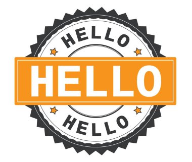 Merhaba metin gri ve turuncu yuvarlak damga, zig zag kenarlıklı.