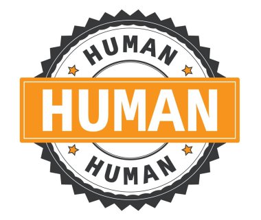 İnsan gri ve turuncu yuvarlak damga, zig zag kenarlıklı metin.