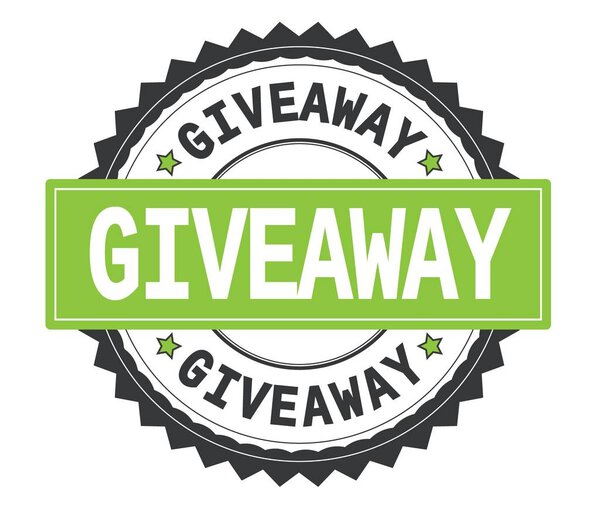 GIVEAWAY text on grey and green round stamp, with zig zag border