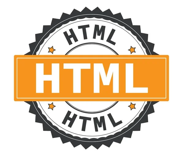 Texto HTML em carimbo redondo cinza e laranja, com borda zig zag . — Fotografia de Stock
