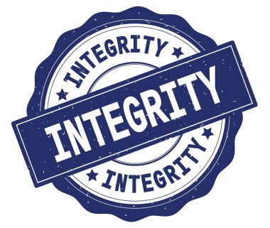 Mavi, lacey kenarlığın üzerine yazılmış bütünlük metni yuvarlak vintage dokulu rozet damgası.