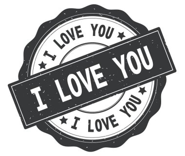 I Love You gri, lacey sınır, yazılı metin, vintage dokulu rozet damga yuvarlak.