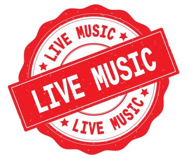 Kırmızı yuvarlak rozet yazılı canlı müzik metin.