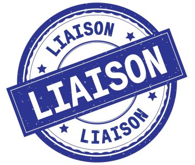 İrtibat, yazılı metin mavi yuvarlak lastik damgası.