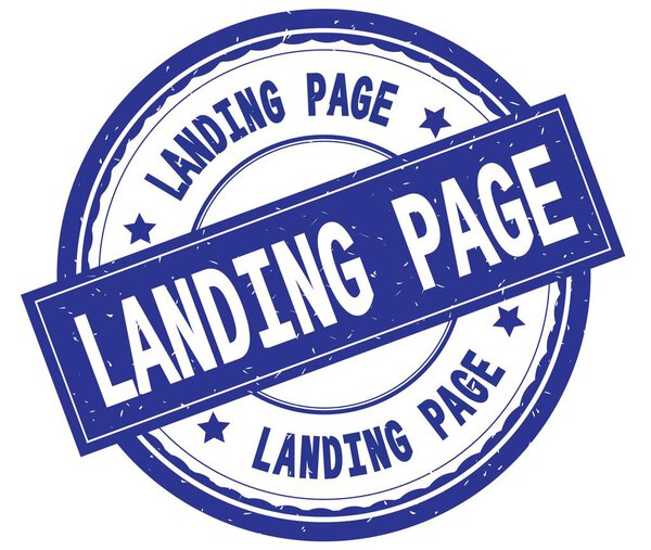LANDING PAGE, written text on blue round rubber stamp
.