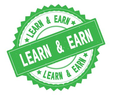 Öğrenmek ve kazanın yeşil metin damgası, zig zag kenarlıklı yuvarlak.