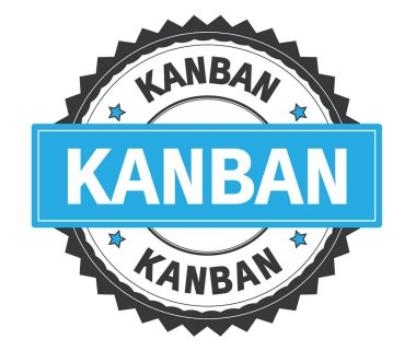 Kanban metin gri ve mavi yuvarlak damga, zig zag kenarlıklı.