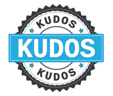 Kudos metin gri ve mavi yuvarlak damga, zig zag kenarlıklı.