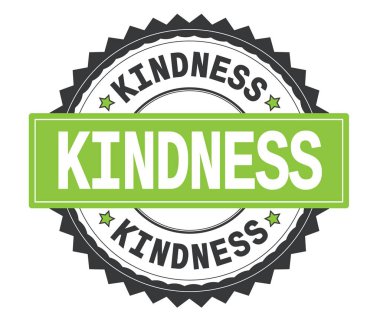 İyilik metin gri ve yeşil yuvarlak damga, zig zag kenarlıklı