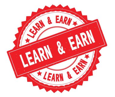 Öğrenmek ve kazanmak kırmızı metin damgası, zig zag kenarlıklı yuvarlak.