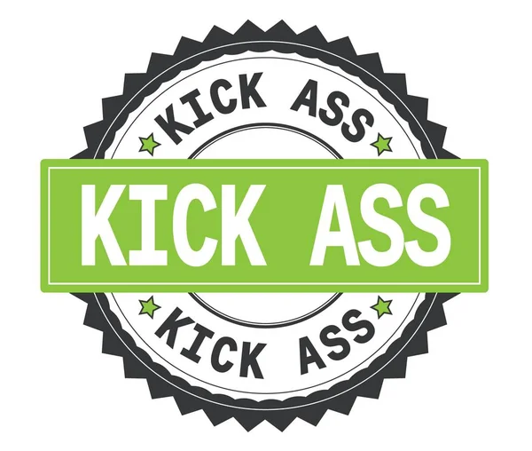KICK ASS text on grey and green round stamp, with zig zag border — Stock Photo, Image