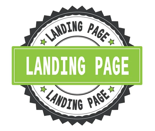 Landing paginatekst op grijze en groene ronde stempel, met zig zag bo — Stockfoto