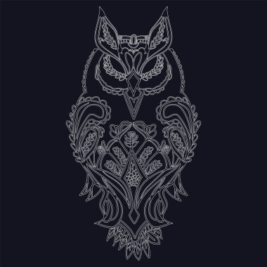 Çizim için desenleri ile siyah bir arka plan üzerinde beyaz baykuş diyagram, vektör.