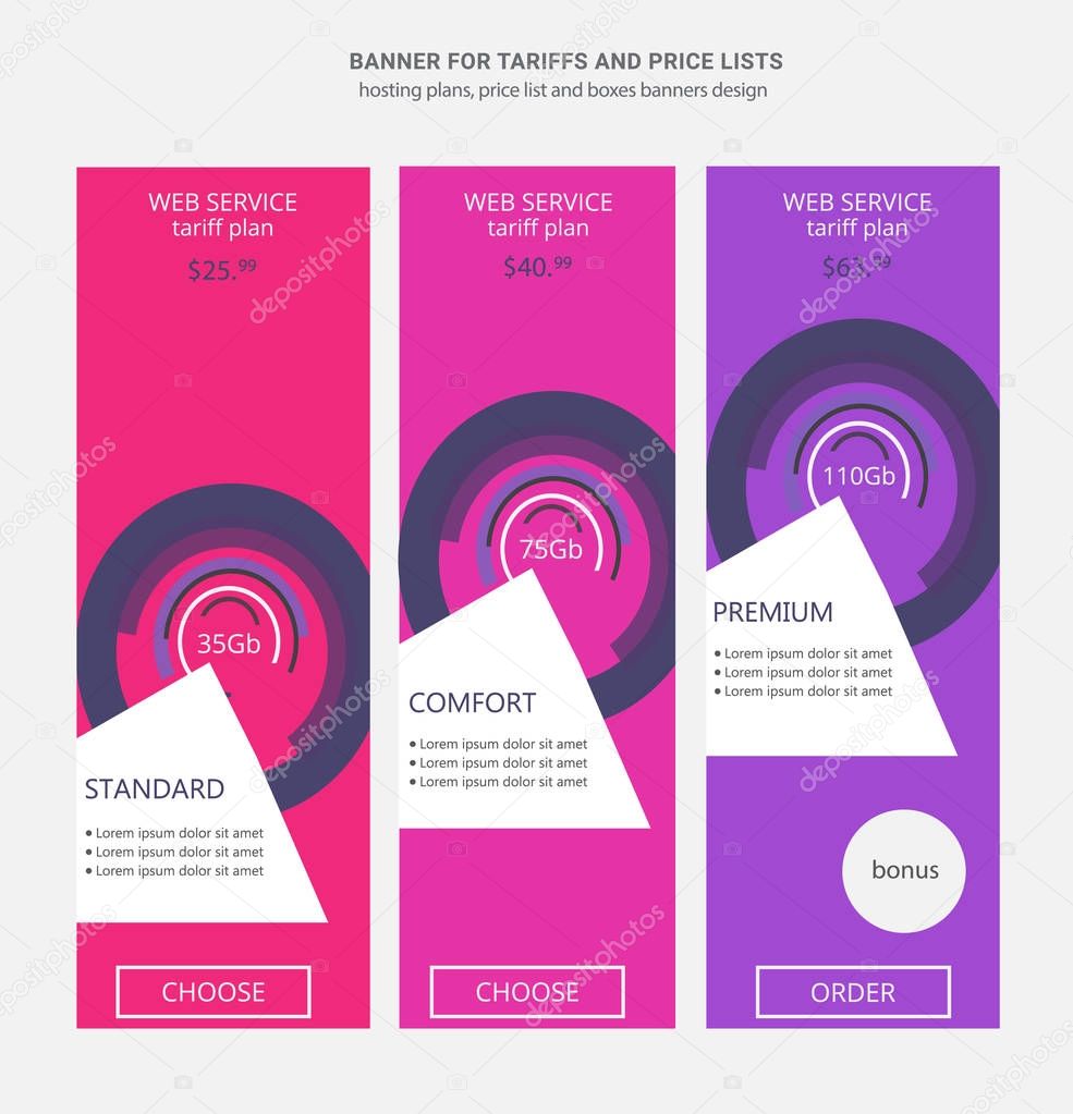 Banner for tariffs, a set of pricing tables and boxes