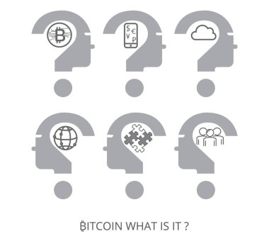 Vektör bitcoin logo. Bitcoin simgesi. Bitcoin ve insanlar, bulut, telefon, dünya, bulmaca