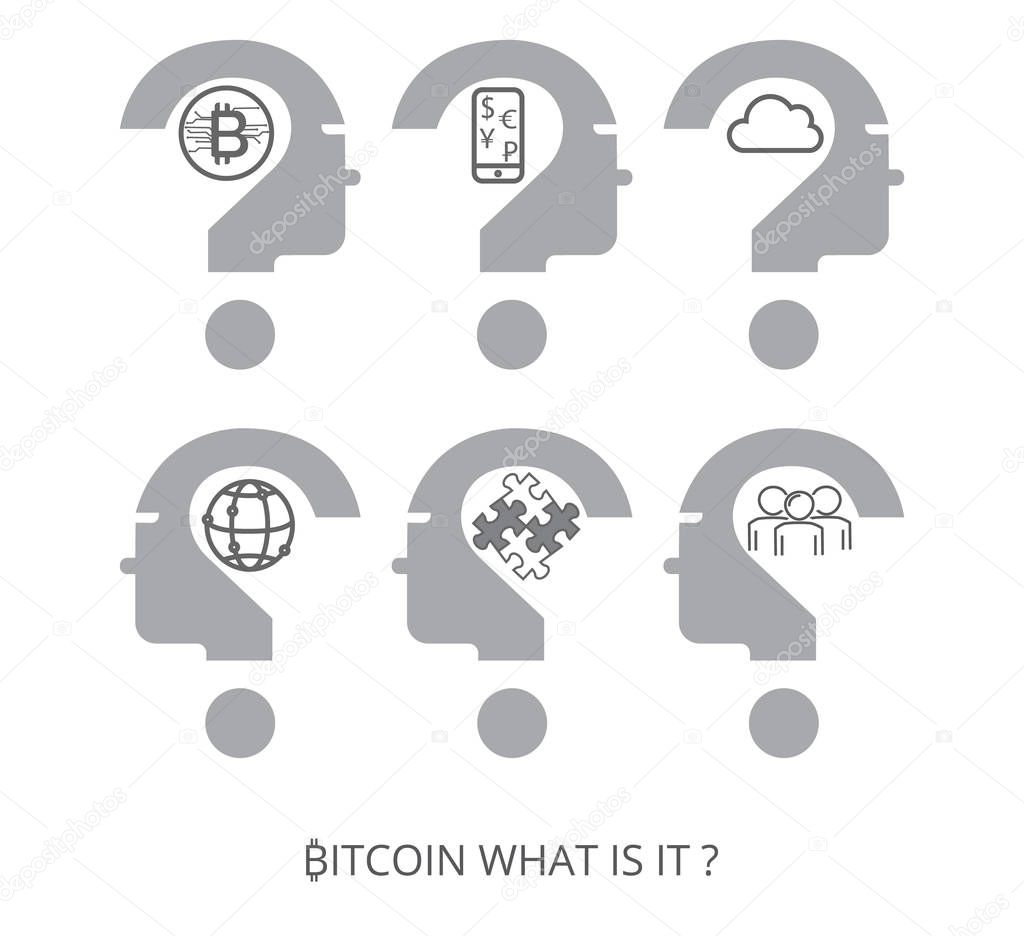 Vector bitcoin logo. Bitcoin icon. Bitcoin and people, cloud, phone, world, puzzle