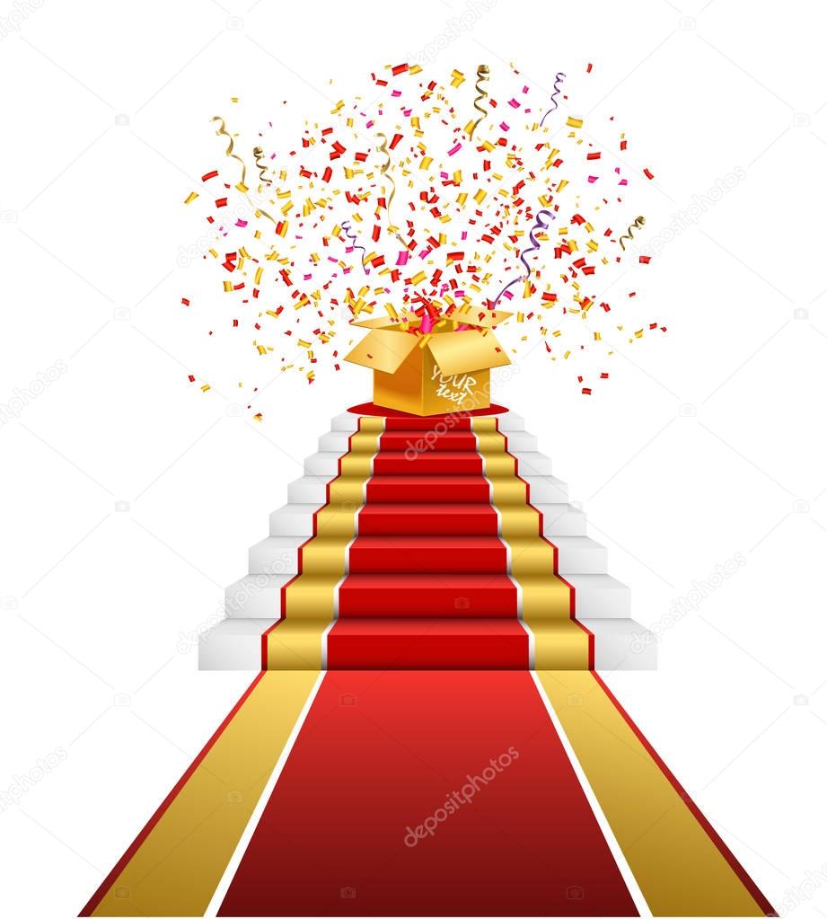Red carpet, golden gift box with confetti