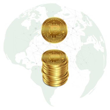 Gezegen arka planda blockchain elemanları ile altın bitcoin