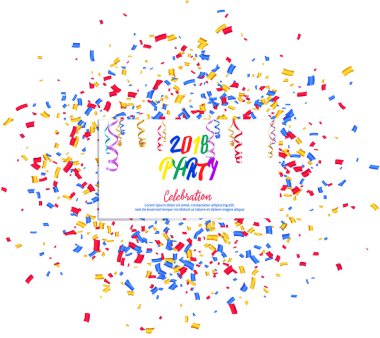 Parti 2018 arka planda çok renkli tinsel ve serpantin banner.