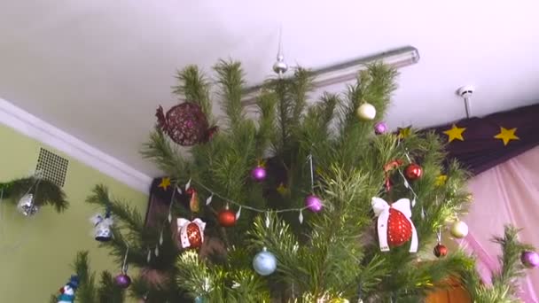 Güzel, uzun boylu Noel ağacı Noel oyuncaklar ile dekore edilmiştir. — Stok video