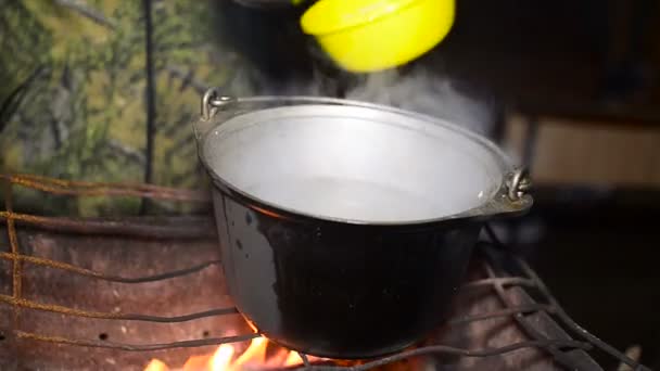 Человек готовит еду в кастрюле на костре, турист отдыхает на открытом воздухе — стоковое видео
