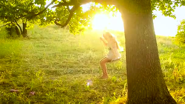 Chica con el pelo largo balanceo en columpio en el sol en un árbol en el parque — Vídeos de Stock