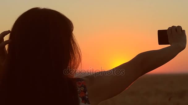 Mädchen mit dem Telefon am Sonnenuntergang Bild Sonnenuntergang am Telefon schöne Abendlandschaft. — Stockvideo