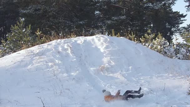 十几岁的女孩，背景，白雪覆盖的森林，otdy 家族在白雪皑皑的公园，霜阳光灿烂的日子，在森林里滚下来小山与雪的冬季公园 — 图库视频影像