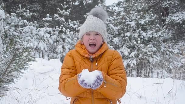 Adolescente chica golpes nieve con las manos, feliz chica risas regocija vacaciones familiares en el invierno parque . — Vídeos de Stock
