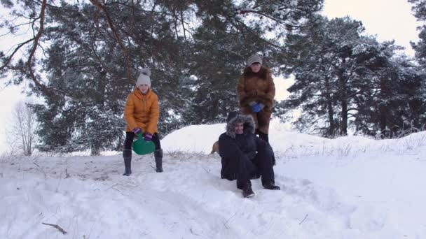 Joyeuse famille luge avec glissades de neige dans le parc d'hiver, père et fille balade dans le parc sur un traîneau en bas des collines, grand-mère marche avec sa petite-fille dans le parc d'hiver . — Video