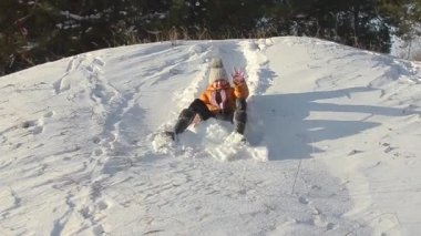 bir kış park, genç kız tepelerde aşağı kızakla kız karda bir köpekle oynar.