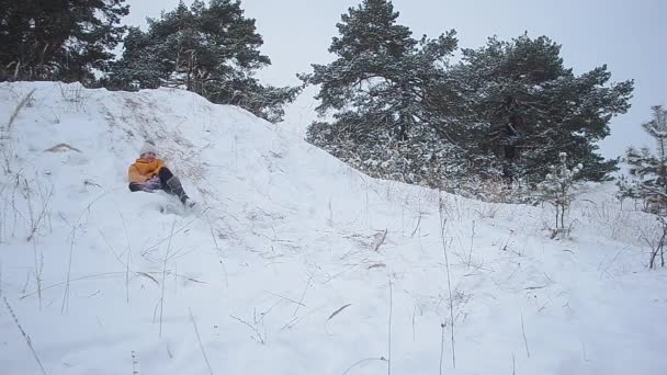 Criança montando com colinas nevadas no parque de inverno, menina ri, uma bela paisagem de inverno . — Vídeo de Stock