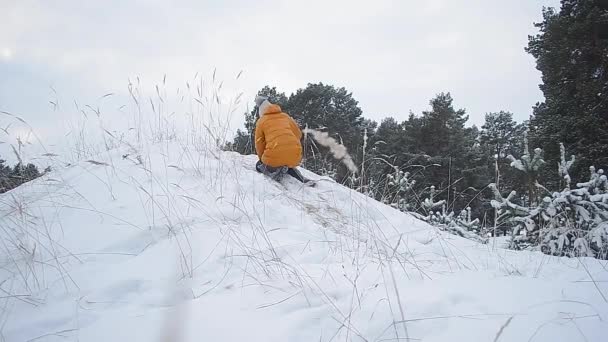 Genç kız çocuk dinlenme bir parkta karlı kış, kış orman karlı bir tepe üzerinde yükselir — Stok video