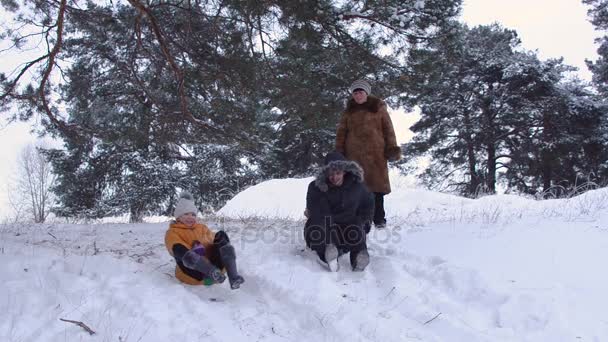 Папа и дочь катаются на санках зимой со снежными горками, собака играет в снежные трассы, счастливая семья отдыхает в парке с собакой зимой . — стоковое видео