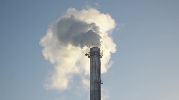 Білий дим від заводських димоходів, що піднімаються на блакитне небо, вироблення електроенергії та забруднення повітря та атмосфери — стокове відео