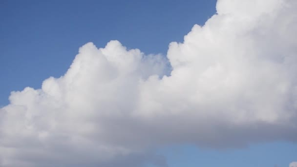 Hermoso cielo azul alto en el cielo volando nubes blancas iluminadas por el sol — Vídeos de Stock