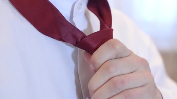 Hombre lleva una corbata roja en camisa blanca, de cerca — Vídeos de Stock