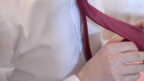 Hombre atando corbata roja en camisa blanca, primer plano . — Vídeo de stock