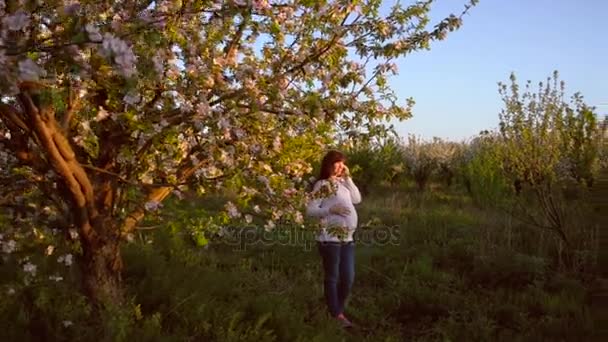 春の花咲く公園で携帯電話で話して笑っている妊娠中の女の子 — ストック動画