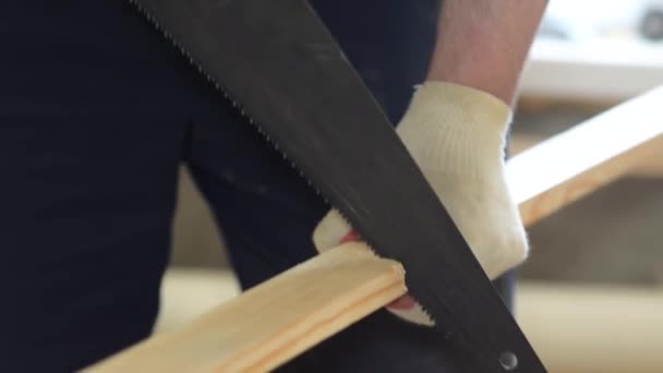 Carpinteiro serrar placa com serra manual de perto, reparos em casa — Vídeo de Stock