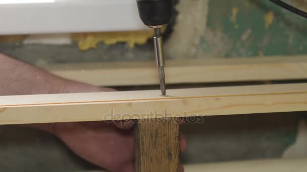 Tightening screw into wooden beam electric screwdriver, closeup — Stock Video