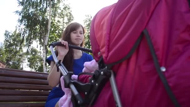 Jonge moeder wandelen in de zomer Park kinderwagen — Stockvideo