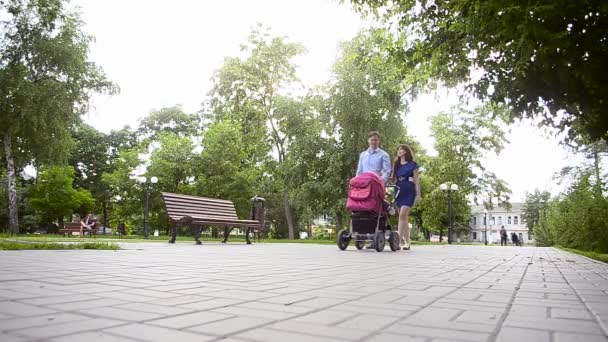 Pappa en mamma lopen met baby wandelwagen, familie vakantie op vrije dag in het park in de zomer — Stockvideo