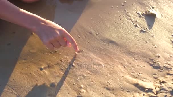 Hand drawing on beach star. — Stock Video