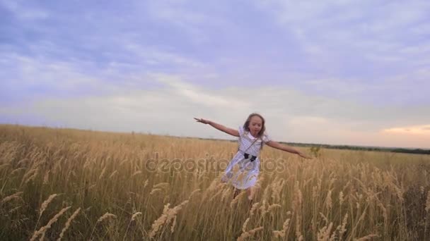 Chica es adolescente, extiende sus brazos como alas y corre por el campo sonriendo. Movimiento lento . — Vídeos de Stock