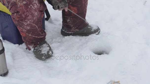冬釣り釣り竿を手に、新鮮な魚を氷の上に横になっている男 — ストック動画