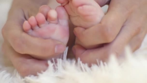 Мама делает массаж своему ребенку на ногах . — стоковое видео