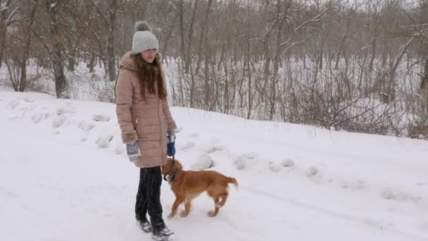 Tiener meisje, wandelingen met de hond in park, in de sneeuwstorm en glimlacht. Slow Motion. — Stockvideo